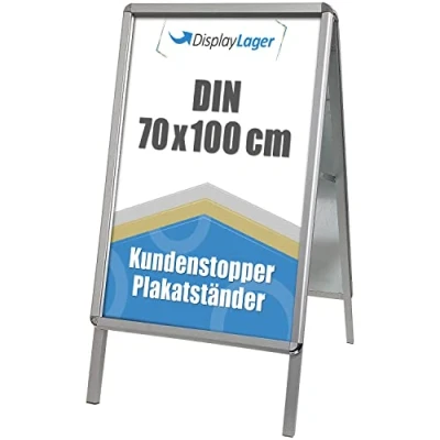 Immagine di DisplayLager, qualità danese Cavalletto pubblicitario dal bordo in alluminio con 2 pannelli APET per poster (su entrambi i lati), resistente alle intemperie, marciapiedi (70 x 100 cm)