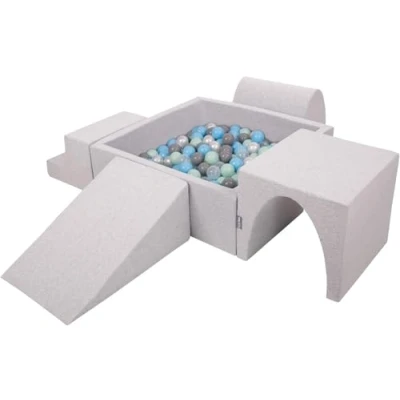 Immagine di KiddyMoon Area di Gioco in Schiuma con Quadrato Piscina Palline (200 Palline) per Bambini, Grigioch:Perla/Grigio/Trasparente/Azzurro/Menta