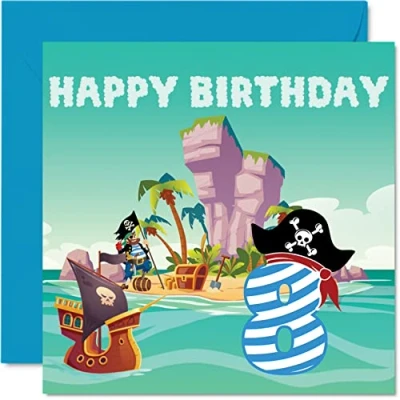 Immagine di biglietto di auguri per 8 compleanno ragazzo Pirate Treasure Island bambino anni, 145 mm x mm, figlio, fratello, nipote,