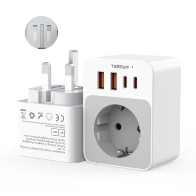 Immagine di TESSAN Adattatore UK, 5 in 1 Adattatori Prese Inglesi con 2 USB C e A, 3250W Tipo G Compatto Pieghevole, Ricarica Rapida 20W per Presa Inglese a Spina Italiana