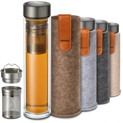 Immagine di Cosumy Bottiglia da Tè con Infusore 500 ml Vetro A Doppia Parete Copertura di Feltro Resistente al Calore Prova Perdite Lavabile in Lavastoviglie (Marrone Sabia)