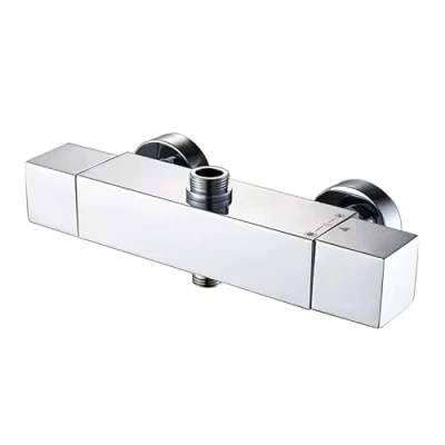 Immagine di AFUDER Miscelatore Termostatico Doccia 38 ℃ Bagno nero Top Spray Termostato inferiore G 1/2 &quot;Top 3/4&quot; BSP Rubinetto a 2 Uscite Ottone Cromato Quadrato