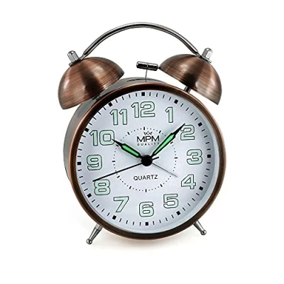 Immagine di MPM Cooper Colour Alarm Clock, sveglia retrò analogica con numeri Lumini, doppia campana senza ticchettio, vintage, funzionamento a batteria, al quarzo, da tavolo luce notturna