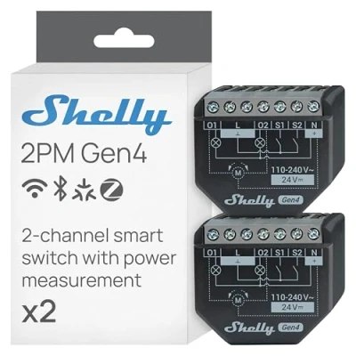 Immagine di Shelly 2PM Gen4 Interruttore Relè Intelligente Wi Fi, 2 Canali, 16A, Monitora il Consumo di Energia, Tapparelle, Nessun Hub Richiesto, Certificato Matter, Alexa, Google, HomeKit, Zigbee (2 Pezzi)