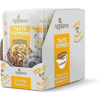 Immagine di Applaws Taste Toppers in Salsa 12 x 85 g per cani Pollo, Piselli, Zucca e Fagioli bianchi