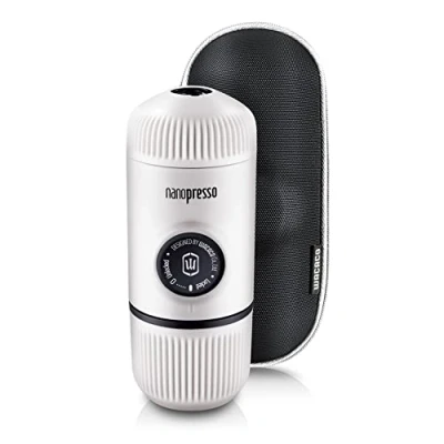 Immagine di WACACO Nanopresso con S custodia di Nanopresso, Macchina Caffè Portatile, Versione Aggiornamento Minipresso, Espresso Caffe Viaggio, Operazione Manuale (Nuovi Elementi Freddo Bianco)