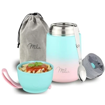 Immagine di Milu Thermo per Alimenti 650 ml Contenitore Termico di Acciaio Inossidabile, Isotermico Sottovuoto Cibi Caldi e Freddi (Rosa Menta, 650ml)