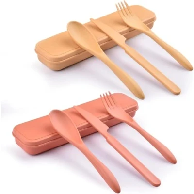 Immagine di set di 2 posate riutilizzabili con custodia, da viaggio, forchetta, coltello, cucchiaio, in plastica portatili per picnic, scuola, ufficio, pranzo (2)