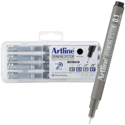 Immagine di Artline Drawing System Penens, 0,1, 0,3, 0,5, 0,7 mm, larghezze di scrittura, nero, confezione da 4 (EK 230 4PW1)