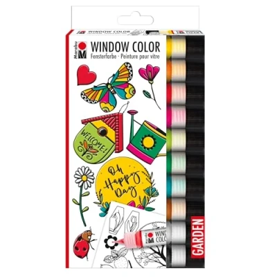Immagine di Marabu 04060000128 Window Color Garden, 10 x 25 ml di Vernice, sagoma A4 con 20 Motivi, Vernice a Base d&#039;Acqua, Rimovibile su superfici Lisce Come Vetro, specchi, Piastrelle e Fogli Alluminio