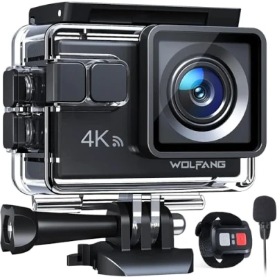 Immagine di WOLFANG Action Cam GA100 4K 30FPS, 20MP WiFi PC Camera, Fotocamera per Casco, Subacquea 40M Impermeabile Videocamera, EIS, Telecomando2.4G, Mic Esterno,2x1050mAh Batterie e Accessori di Montaggio