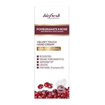 Immagine di Biofresh cosmetics Via Natural Pomegranate and rose crema per le mani dal tocco vellutato con melograno e rosa, controllo dell&#039;invecchiamento del resveratrolo, pantenolo 50ml