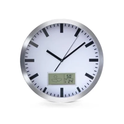 Immagine di Perel Orologio da parete, rotondo, analogico, 25 cm, display LCD con termometro, igrometro e previsioni del tempo, alluminio, argento