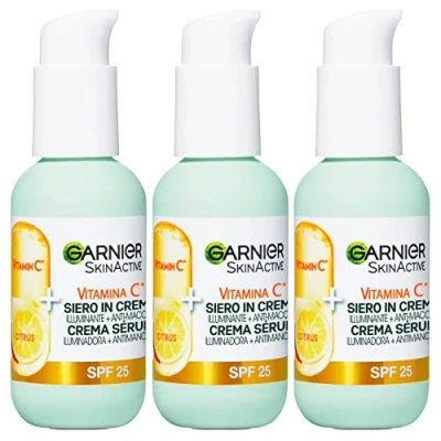 Immagine di Garnier SkinActive Vitamina C Siero Viso in Crema 2in1 Illuminante e Anti Macchie SPF 25 per Pelli Spente Non Uniformi Formula con ed Estratto di Agrumi 3 Flaconi da 50ml