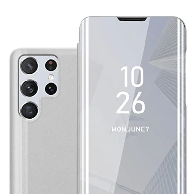 Immagine di Cadorabo Custodia Libro compatibile con Samsung Galaxy S22 Ultra in AGATA ARGENTO Clear View Mirror Cover Protettiva Sottile Funzione di Supporto Protezione a 360 Gradi