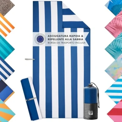 Immagine di Blumtal telo mare grande 90x180 cm microfibra asciugamano compatto e ad asciugatura rapida senza sabbia nastro piscina morbido blu a righe