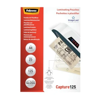 Immagine di Fellowes Pouches per plastificazione documenti, formato A4, finitura lucida, confezione da 25 pezzi, 250 micron, 2x125 con Image Last direzionare foto e documenti