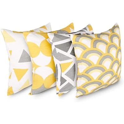 Immagine di Penguin Home Set di 4 federe per cuscini 45 cm x quadrati double face 100% cotone e con cerniera invisibile soggiorno,camera da letto, 18x18 pollici (Giallo/Grigio)