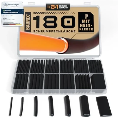 Immagine di BAURIX® Set di Guaina Termorestringente 180 Pezzi Rapporto restringimento 3:1 Tubo per Cavi Elettrici con strato interno colla a caldo Impermeabile IP67 Lunghezza 88 mm