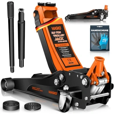 Immagine di MASKO® cric idraulico 3T altezza di sollevamento piatto 70 470 mm profondità doppio pistone + 2 cuscinetti in gomma guanti auto a 360