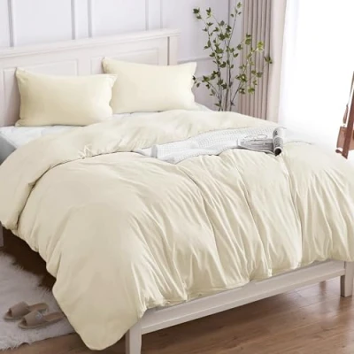 Immagine di Copripiumino Una Piazza e Mezza 100% Cotone 200x200 (2 Federe 50x80), Set in Premium 150GSM OEKO TEX, Morbida, Traspirante, Ipoallergenica Beige Chiaro
