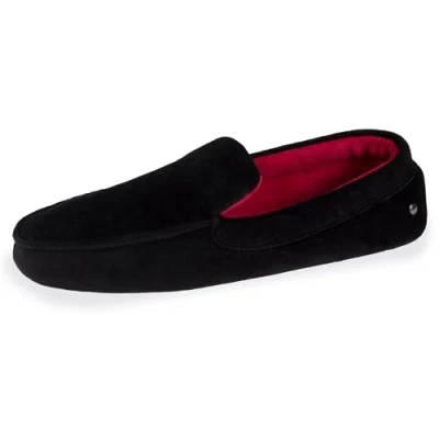 Immagine di Isotoner Pantofole Mocassini da uomo ultra comode e leggere, in cotone biologico suola pelle, Nero , 45 EU