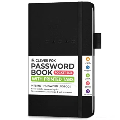 Immagine di Clever Fox Libro delle password, organizer alfabetizzato per indirizzi Internet e computer siti web, diario password di accesso, tasca, 9,5 x 16 cm, copertina rigida (nero)