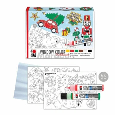 Immagine di Marabu 0406000013908 Window Color Fun &amp; Fancy Xmas Traditional Vernice per finestre a Base d&#039;Acqua, 6 Penne con 25 ml di ciascuna, Modello Pittura A3 e Pellicola A4