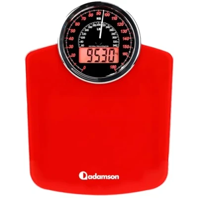 Immagine di Adamson Bilancia Pesapersone Ibrida + Digitale &amp; Analogica 2 in 1 Fino a 180 kg Ampio Display con Retroilluminazione Robusto Vetro Temperato Lettura Facile NUOVO 2024 Rosso