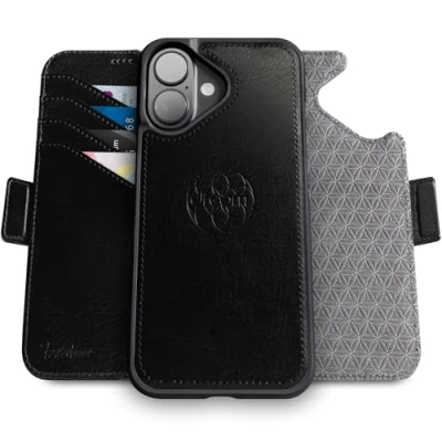 Immagine di dreem Fibonacci compatibile con iPhone 16 custodia a portafoglio/custodia antiurto 2 in 1 e folio pelle vegana staccabile, MagSafe, protezione RFID [Nero]
