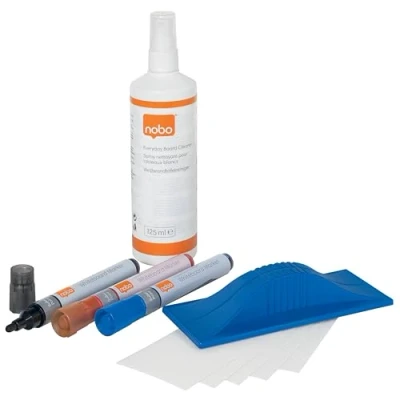Immagine di Nobo Set di Accessori per Pulizia e Cura della Lavagna, Include 4 x Pennarelli, 1 Gomma Spuzzino Detergente