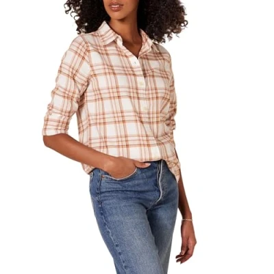 Immagine di Amazon Essentials Camicia in Flanella a Quadri Leggera Maniche Lunghe e Vestibilità Classica Donna, Ecru Rosa Pallido Motivo Alpino, S