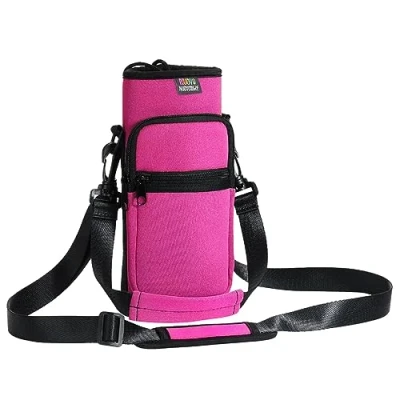 Immagine di Nuovoware Borsa per Borraccia in Neoprene da 25oz/710ml, Custodia Bottiglia con Tracolla Regolabile Maniglia e Tasche Portatile Porta Ciclismo, Campeggio, Magenta
