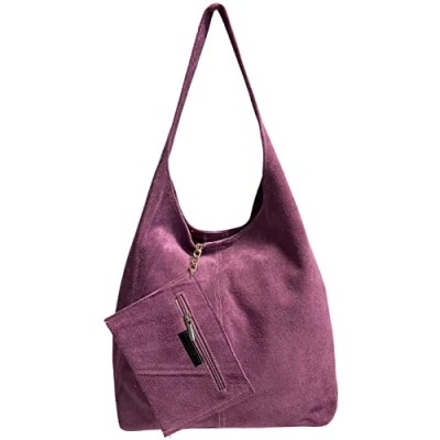 Immagine di Modarno borsa a tracolla da donna in pelle scamosciata pochette, tracolla, shopper, donna, vera (Lilla Scuro)