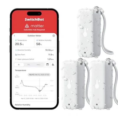 Immagine di SwitchBot 3 Pezzi Igrometro Termometro da Esterno, 120m Portata Bluetooth, Termoigrometro Interno, Sensore di Rugiada/VPD/Umidità Assoluta, Esportazione Gratuita Dati