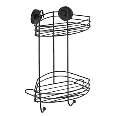 Immagine di WENKO Mensola da parete angolare Vacuum Loc 2 ripiani nera, fissaggio senza trapano, mediante sottovuoto, scaffale bagno, acciaio verniciato nero, Loft Style, 23 x 43 21 cm