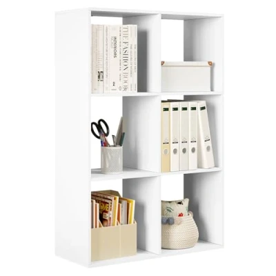 Immagine di WOLTU Scaffale da Soggiorno a 3 Ripiani, Libreria in Legno Salvaspazio con 6 Cubi Portaoggetti, Mobile Multiuso Moderno Bianco, per Studio, Camera Letto, Cucina, Ufficio, 71x29x106cm