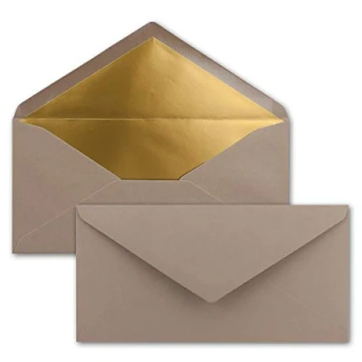 Immagine di 100x Buste formato lunghe Colore: marrone cappuccino con rivestimento interno metallizzato oro 110 x 220 mm Colla a umido festive per Natale