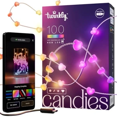 Immagine di Twinkly Strings Heart 100 LED, Striscia Luci LED a Forma di Cuore, Filo Multicolore RGB, Compatibile con Alexa, Google Home, Gaming, Alimentazione USB C, Trasparente, 6m