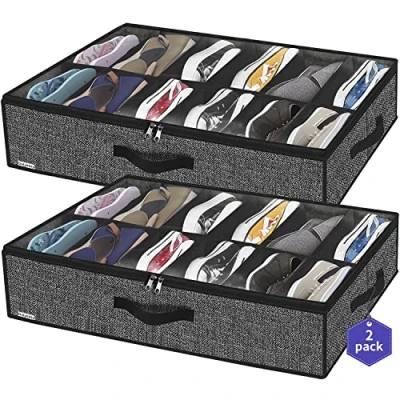 Immagine di homyfort Set di 2 Organizzatore Scarpe Sottoletto con Coperchio Trasparente Custodia Portascarpe a 12 Scomparti Organizer Pieghevole in Tessuto, Nero Lino, XAUBSB2P