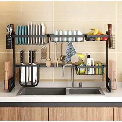 Immagine di Scolapiatti da Appoggio Sopra il Lavandino, Antiruggine sul Lavello Mensola Organizer Salvaspazio a 2 livelli con Portautensili, Porta tagliere per Cucina Nero,85x32x52cm (nero)