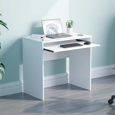 Immagine di Vida Designs Huby Piccola Scrivania per Computer, Casa, Ufficio, Portatile, Studio di Gioco, con Vassoio Tastiera, Mobili, Bianco, Dimensioni Del Prodotto: 75 x 80 48 cm Circa