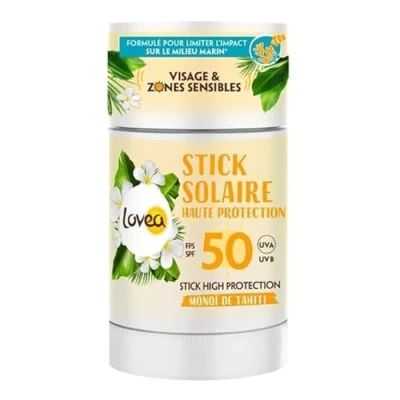 Immagine di LOVEA Stick solare FPS 50 Alta Protezione Viso &amp; Zone Sensibili Monoï De Tahiti UVA/UVB Finitura invisibile e resistente all&#039;acqua Vegan Made in France 40 g