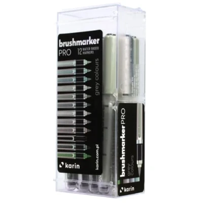 Immagine di Karin Brushmarker Pro 12 Grey Colours Set Pennarelli pezzi corpo trasparente con sistema Ink Free, 2,4 ml di colore liquido. Nessun pennarello