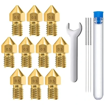 Immagine di MMOBIEL 10 pz. ugelli estrusore per stampante 3D MK8 in ottone da 0,5 mm compatibile con serie Creality Ender 3, 5, CR 10/10S, Makerbot, inclusi 3 aghi pulizia e chiave