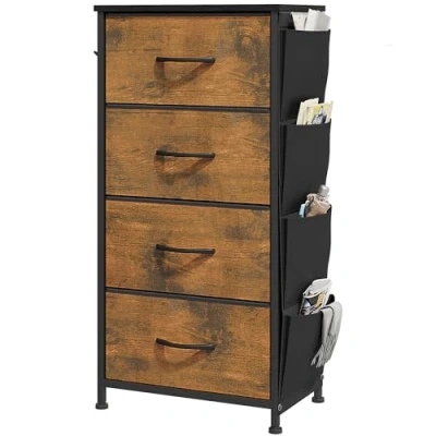 Immagine di YITAHOME Cassettiera in tessuto con tasche laterali, ganci, armadietto 5 cassetti, per Corridoio, vano contenitore soggiorno, camera da letto, Venatura del legno marcio