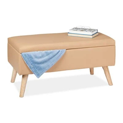 Immagine di Relaxdays Panca Contenitore, 40 l, Similpelle, Gambe in Legno, Cassapanca Imbottita, x 80 39,5 cm, Beige, 1 pz