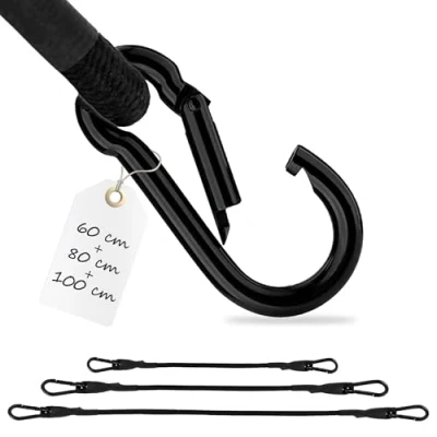 Immagine di ECENCE 3x corda elastica con moschettone della lunghezza di 1x100cm, 1x80cm, 1x 60cm, colore Nero Cinghia elastica, tenditore per bagagli, estensore, tensione biciclette