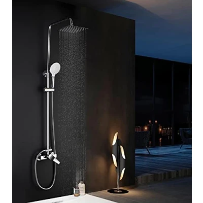 Immagine di Elbe Sistema doccia inox 304 con miscelatore, a pioggia, colonna raccordo doccia, soffione angolare 20x20cm, set cromato