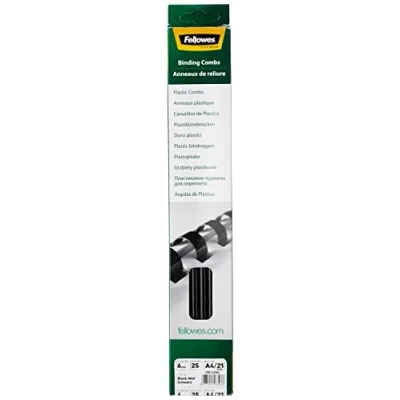 Immagine di Fellowes 5330302 Dorsi Plastici per Rilegatura, 21 Anelli, Passo 9/16, Diametro 6 mm, Confezione da 25 Pezzi, Nero